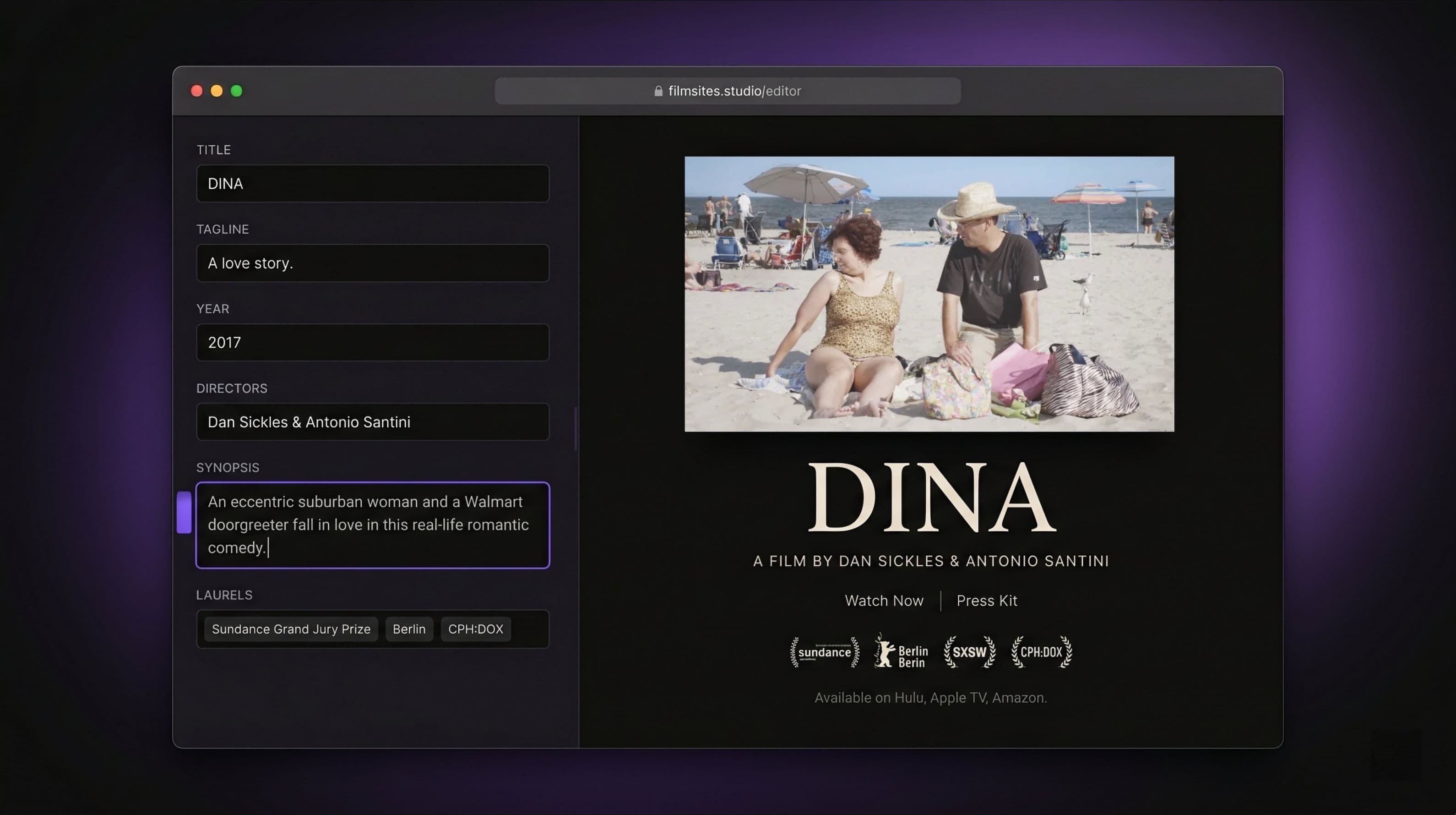 Filmmaker building a film website in the filmsites editor